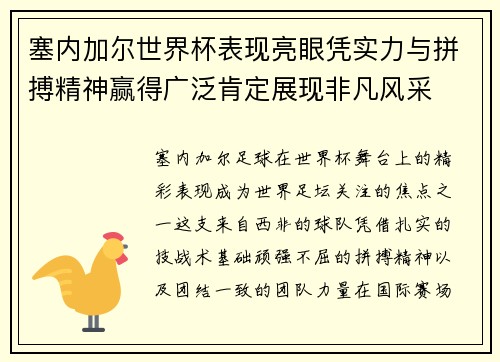 塞内加尔世界杯表现亮眼凭实力与拼搏精神赢得广泛肯定展现非凡风采
